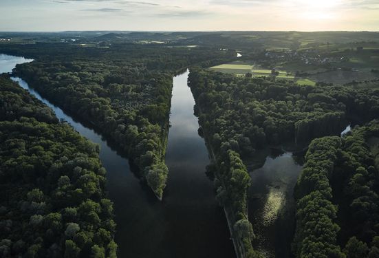 Luftaufnahme Abendstimmung am Donau-Lech-Spitz in Niederschönenfeld